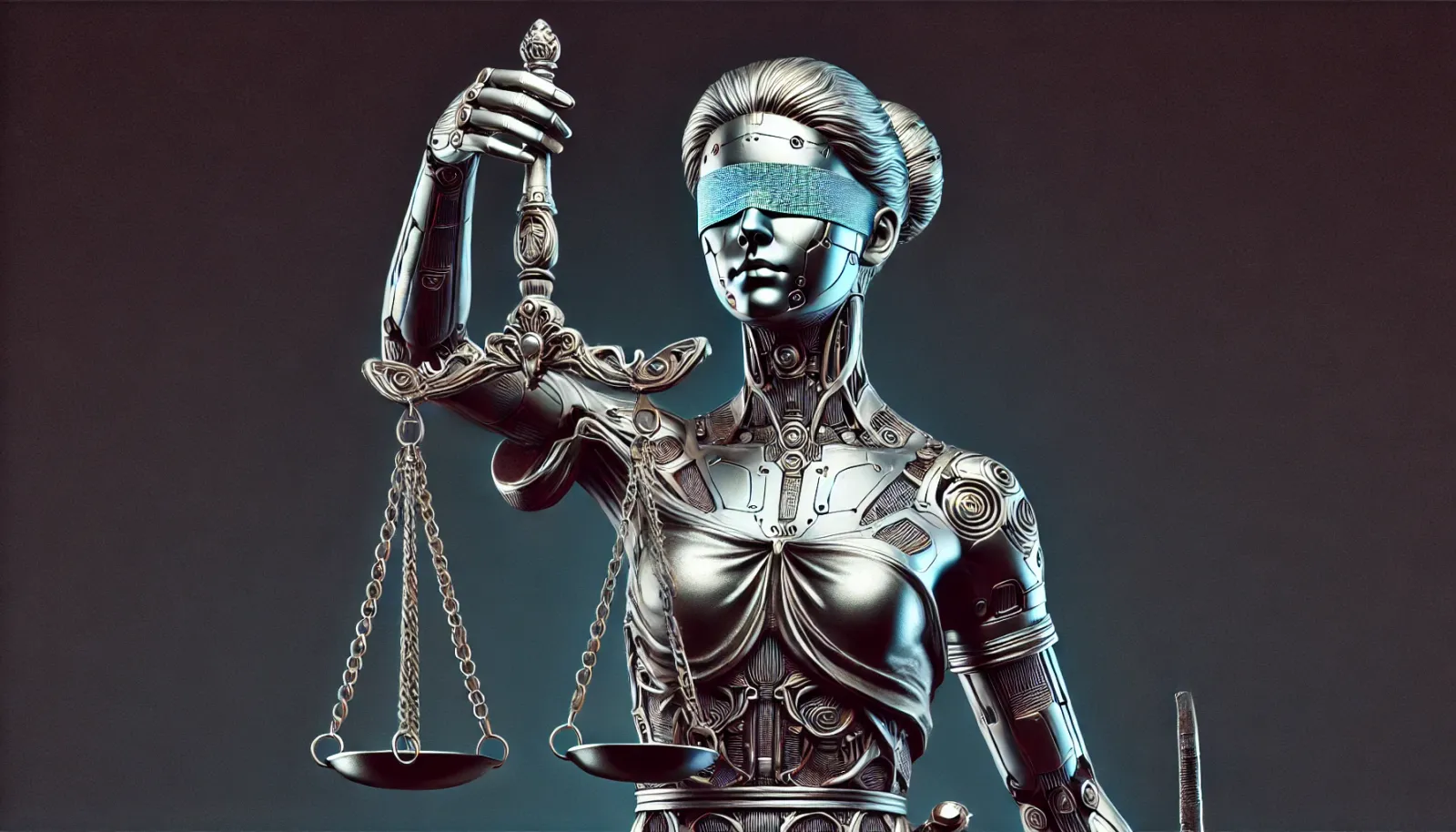 A modern take on Lady Justice statue, with a digital or holographic blindfold, holding the scales and a sword