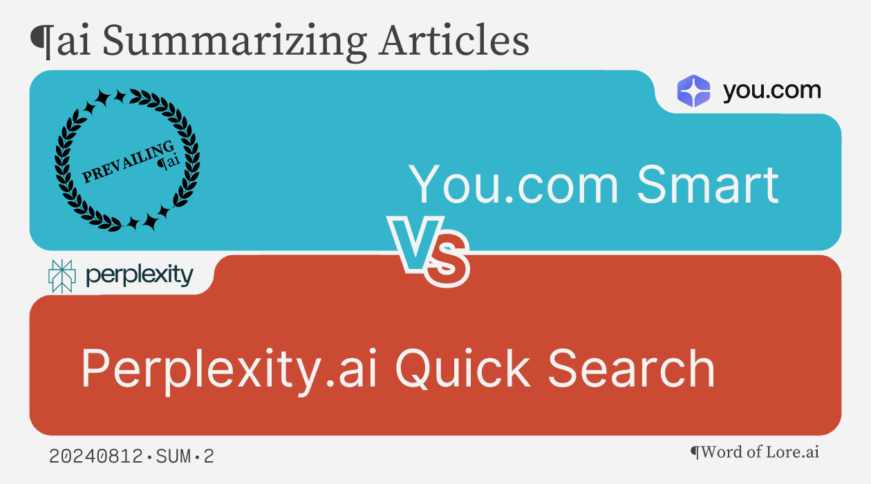 A Trial Card showing that You.com Smart prevails over Perpexity.ai Quick Search at the Article Summarization task